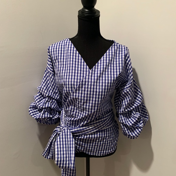 Fashion Nova V-neck Wrap Top Blue and White Gingham Print Medium - Picture 2 of 6